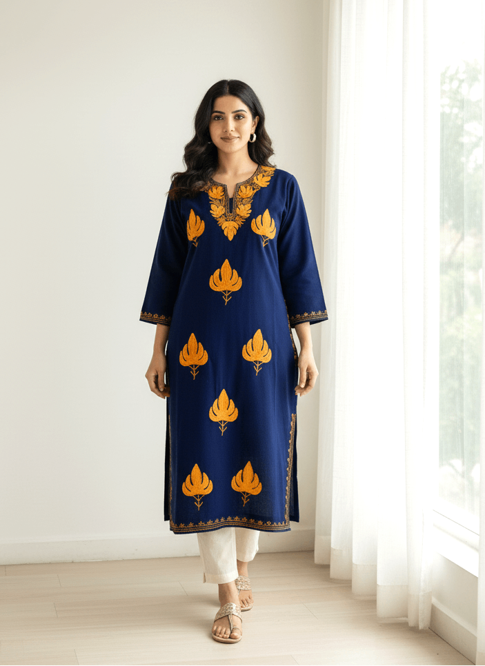 Navy Blue & Orange Floral Embroidered Kashmiri Pheran
