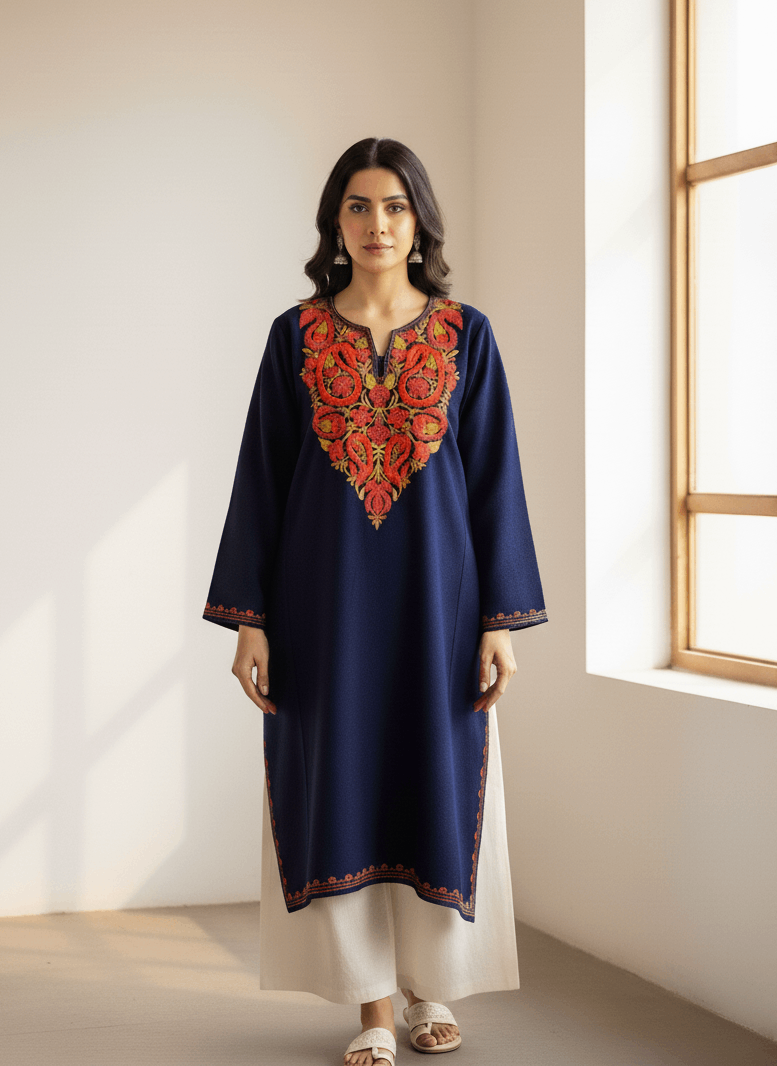 Navy Blue Embroidered Kashmiri Pheran
