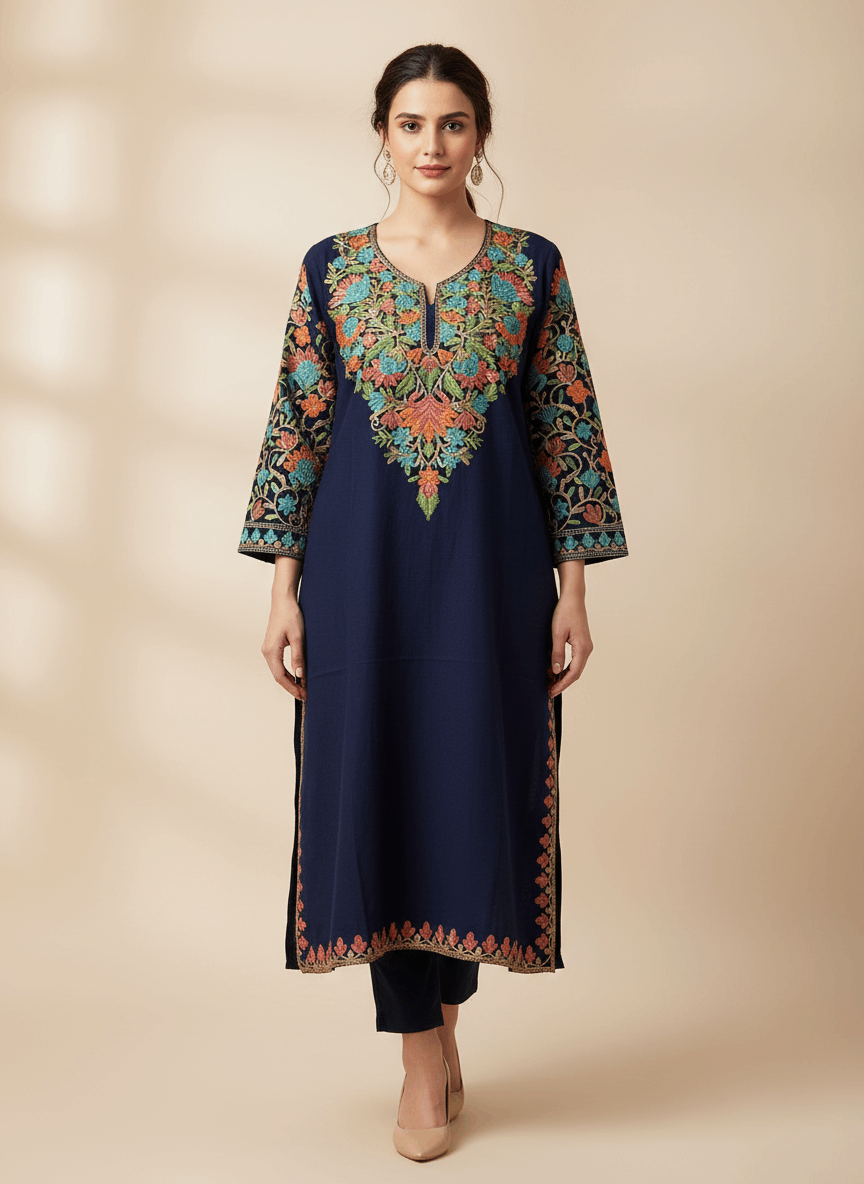 Navy Blue Floral Embroidered Kashmiri Pheran