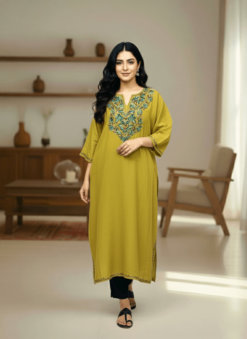 Olive Green Embroidered Kashmiri Pheran