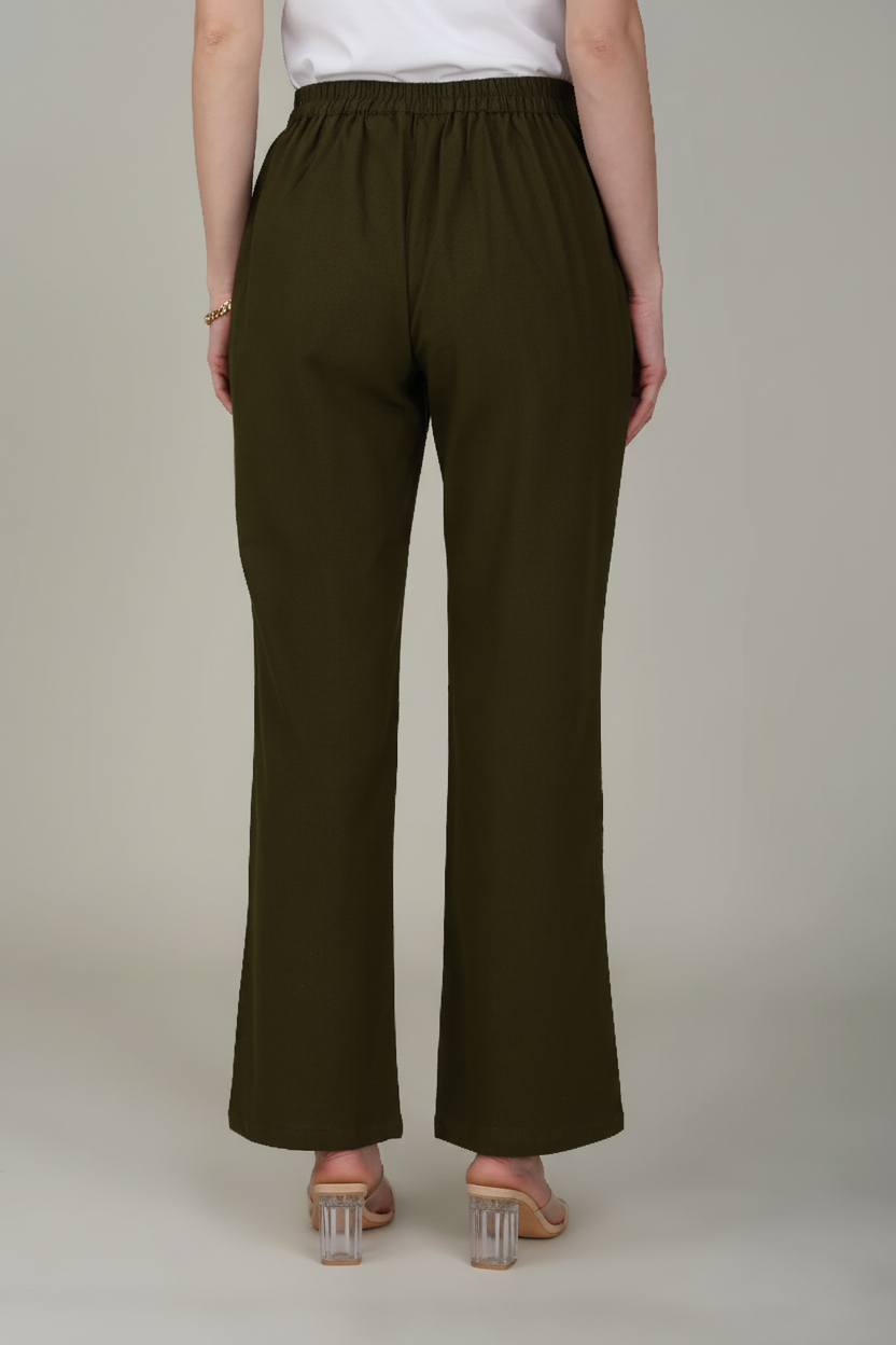 Olive Green Women Wide Leg Cotton Pant