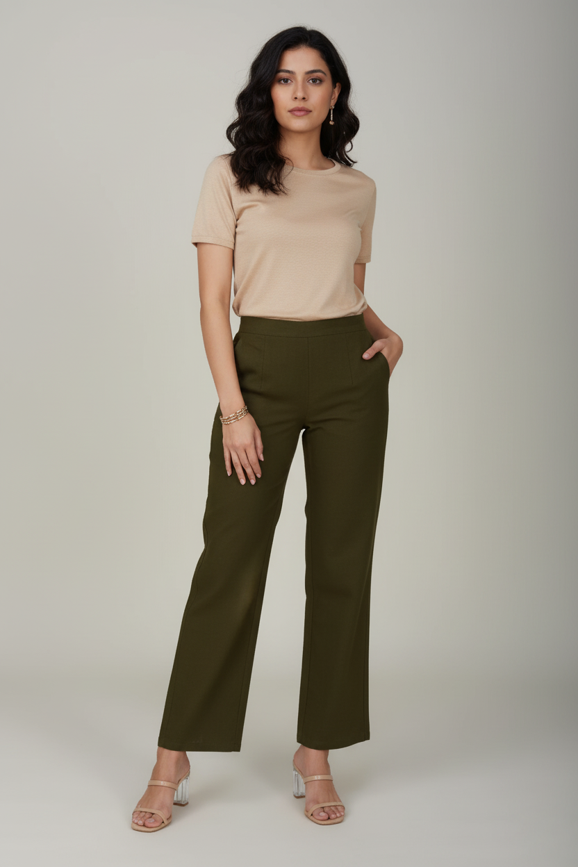 Olive Green Women Wide Leg Cotton Pant