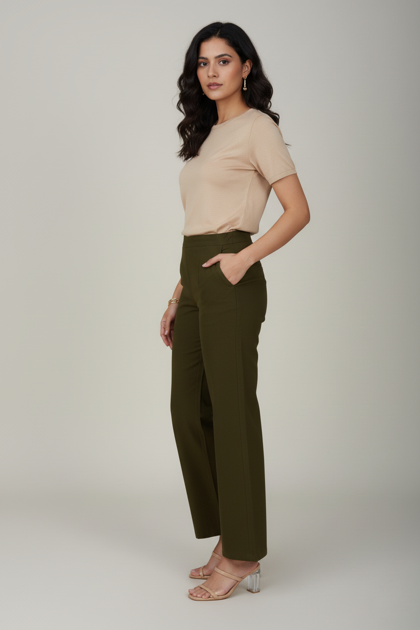 Olive Green Women Wide Leg Cotton Pant