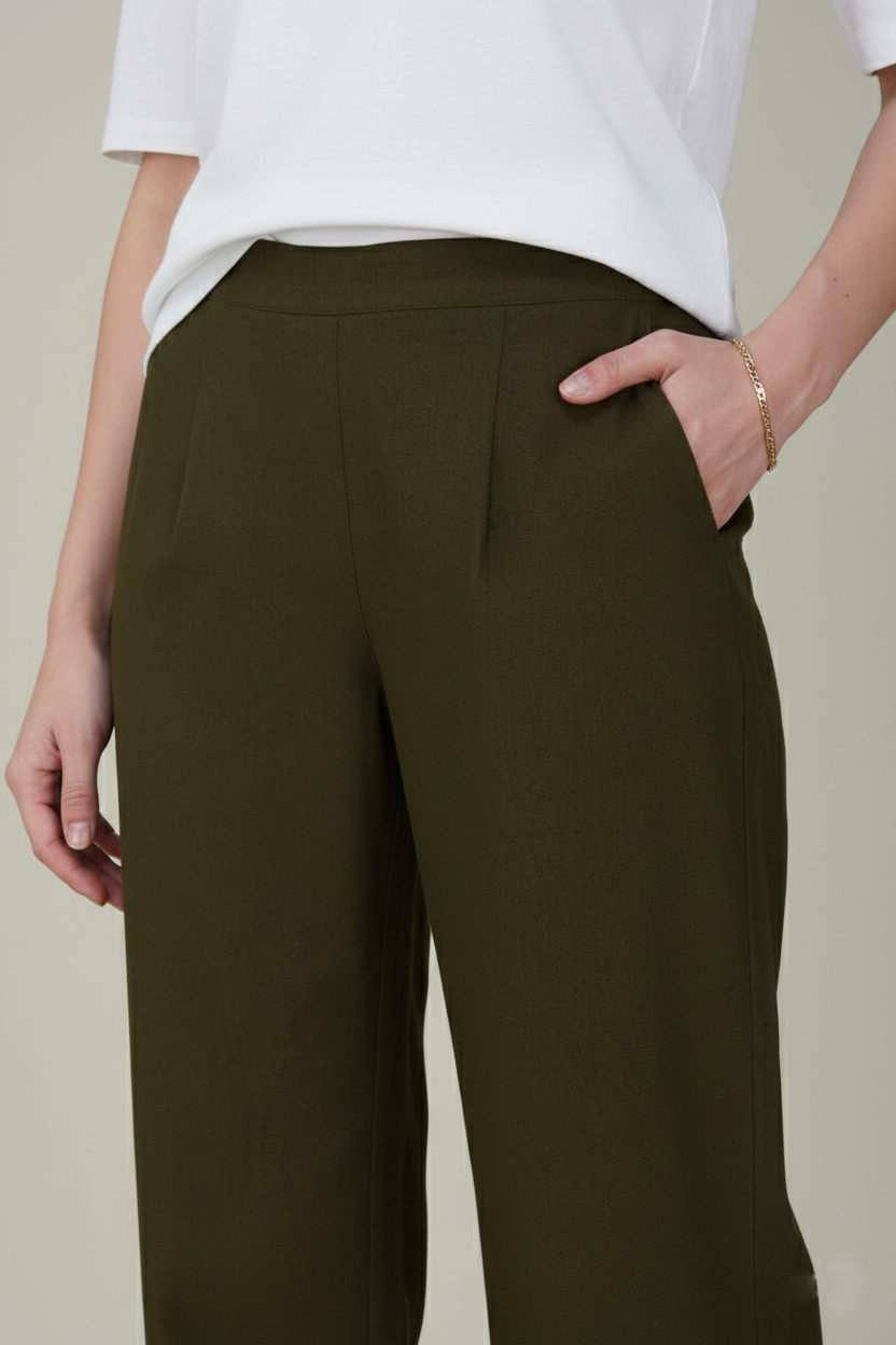 Olive Green Women Wide Leg Cotton Pant