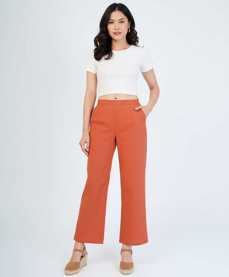 Orange Women Wide Leg Cotton Pant