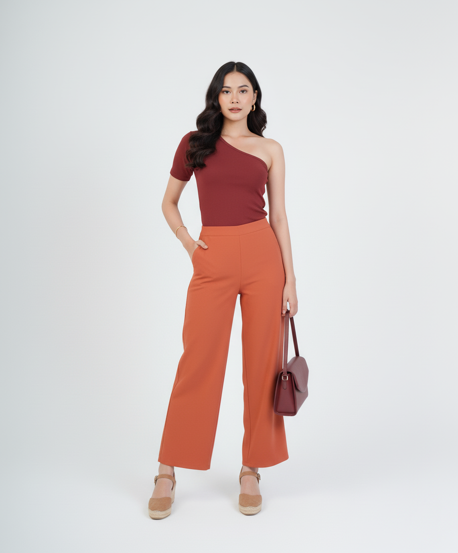 Orange Women Wide Leg Cotton Pant