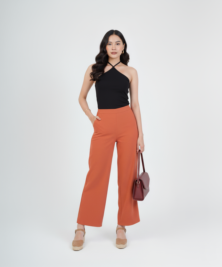 Orange Women Wide Leg Cotton Pant