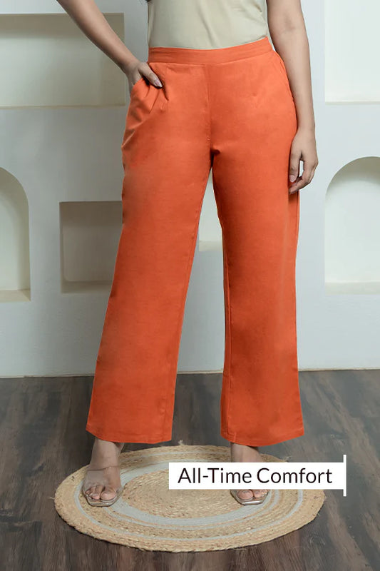 Orange Women Wide Leg Cotton Pant