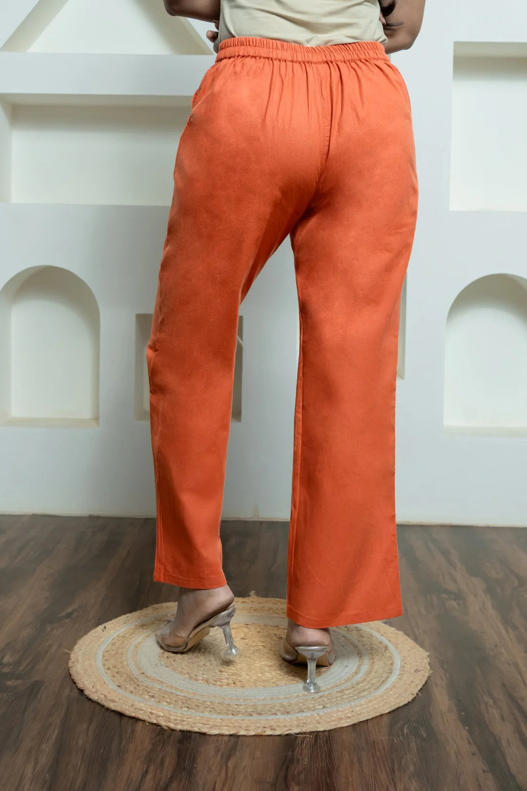 Orange Women Wide Leg Cotton Pant