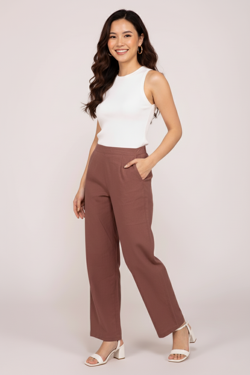 Rose Taupe Women Wide Leg Cotton Pant