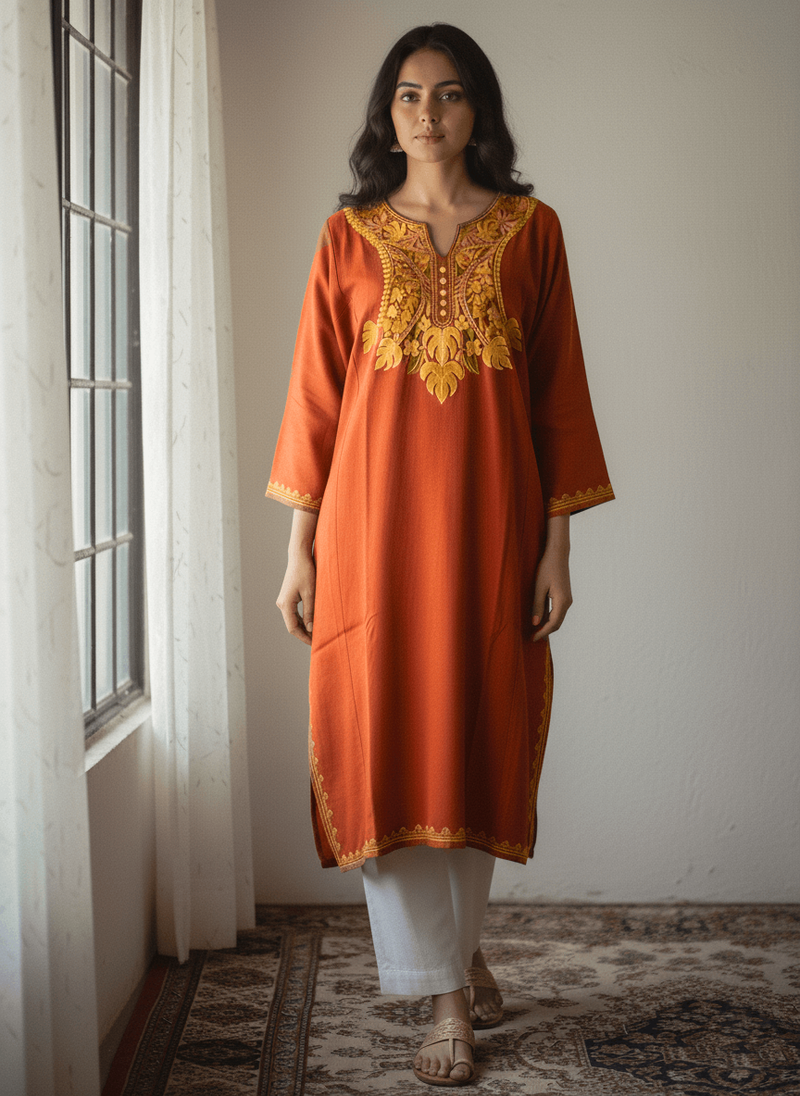 Rusty Orange Embroidered Kashmiri Pheran