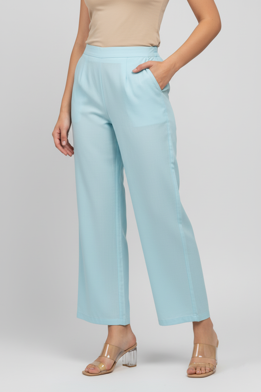Sky Blue Women Wide Leg Cotton Pant