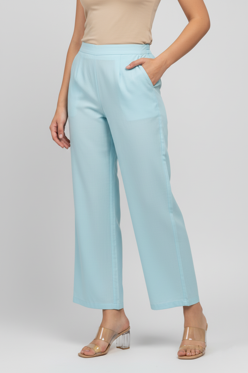 Sky Blue Women Wide Leg Cotton Pant