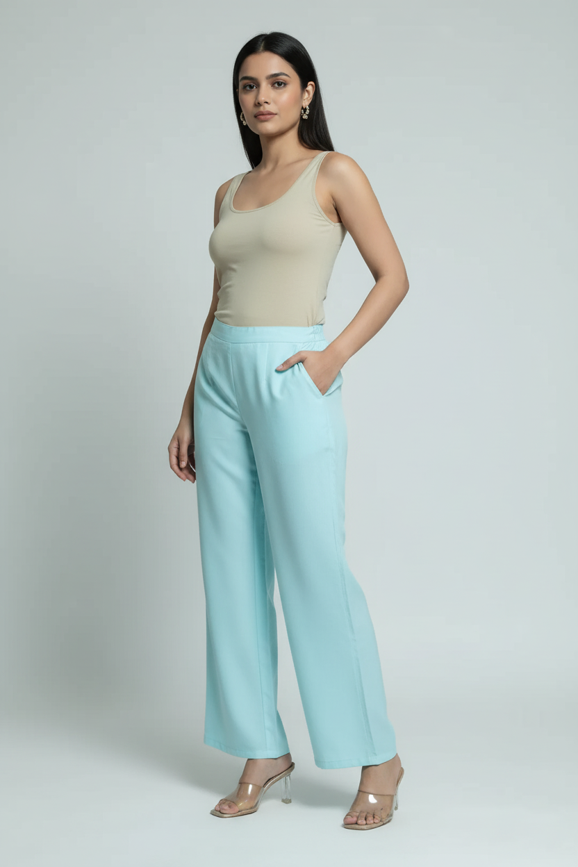 Sky Blue Women Wide Leg Cotton Pant