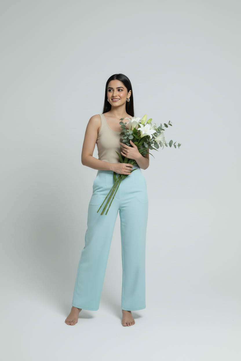 Sky Blue Women Wide Leg Cotton Pant