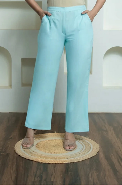 Sky Blue Women Wide Leg Cotton Pant