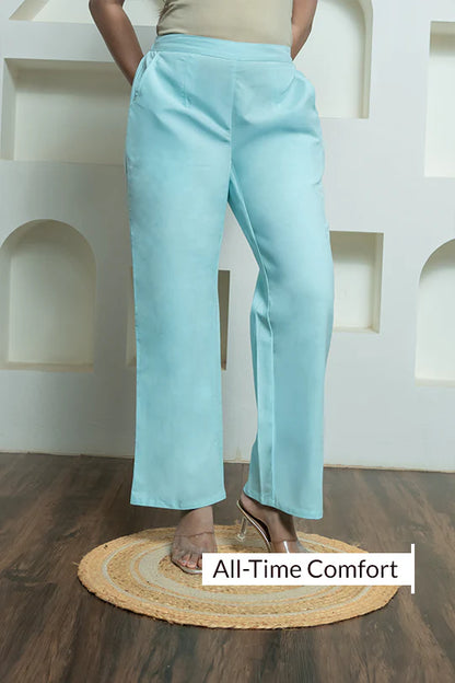 Sky Blue Women Wide Leg Cotton Pant