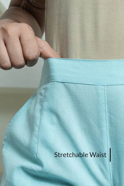 Sky Blue Women Wide Leg Cotton Pant
