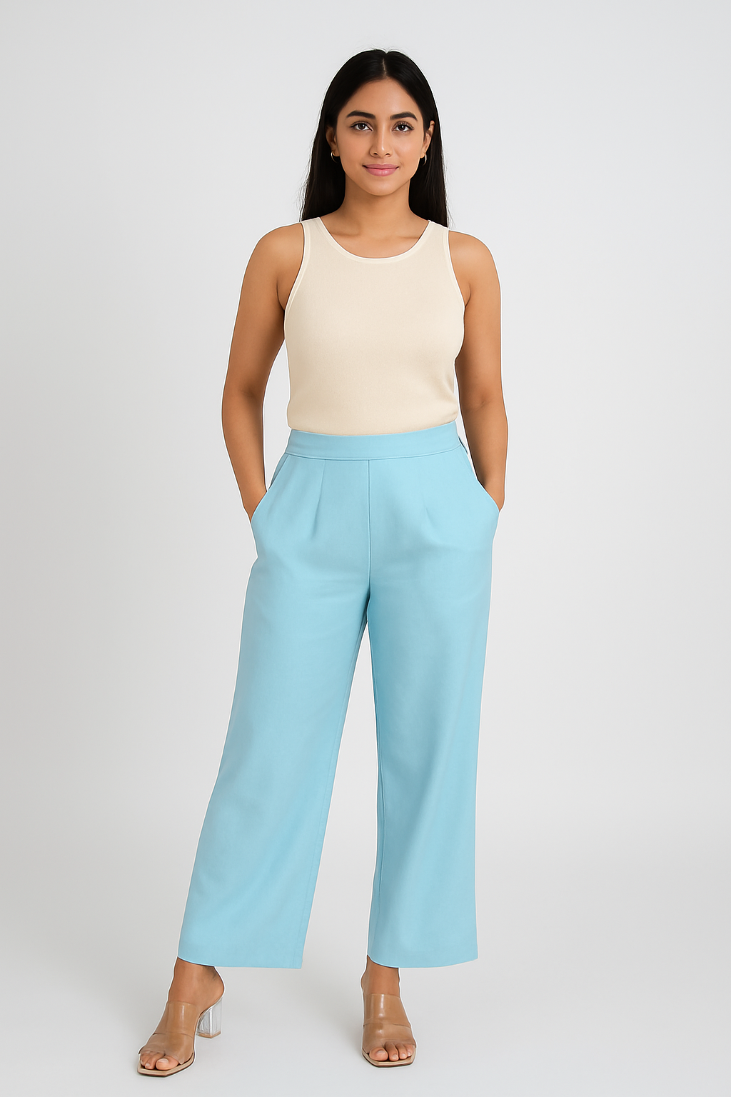 Sky Blue Women Wide Leg Cotton Pant