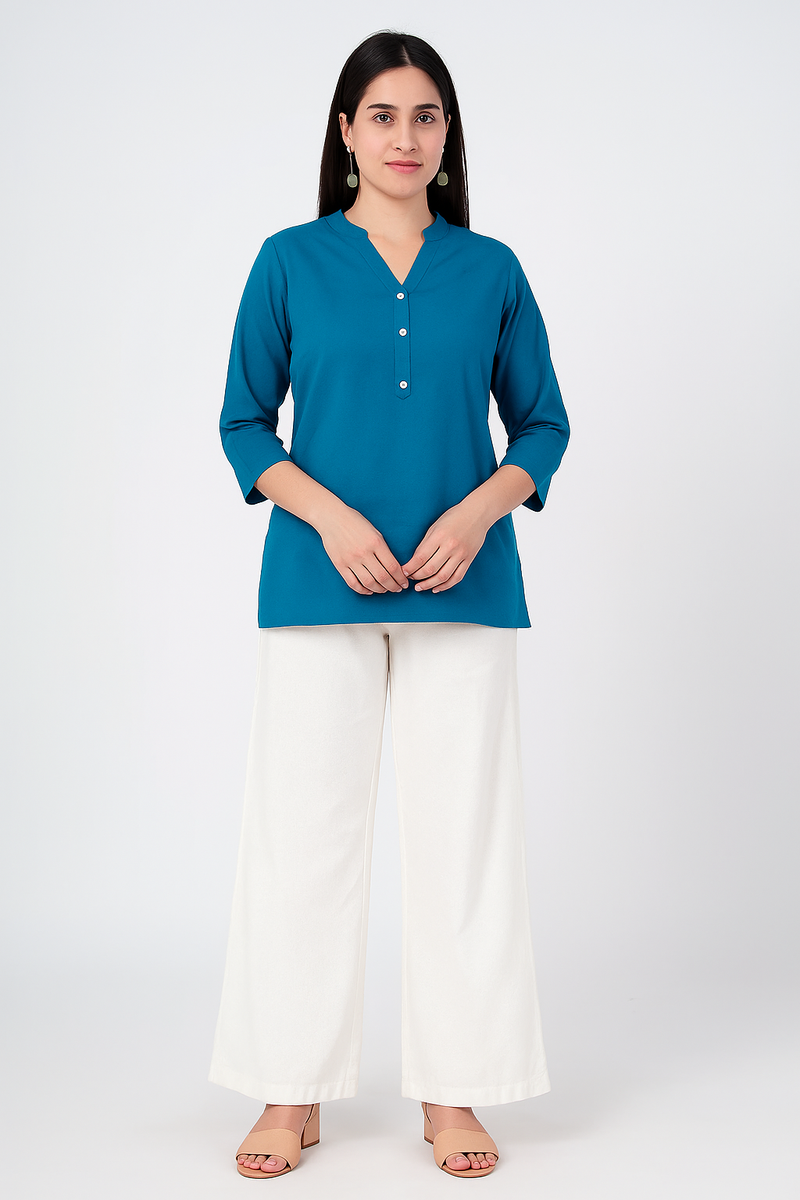 Turquoise Airy Linen Short Kurti