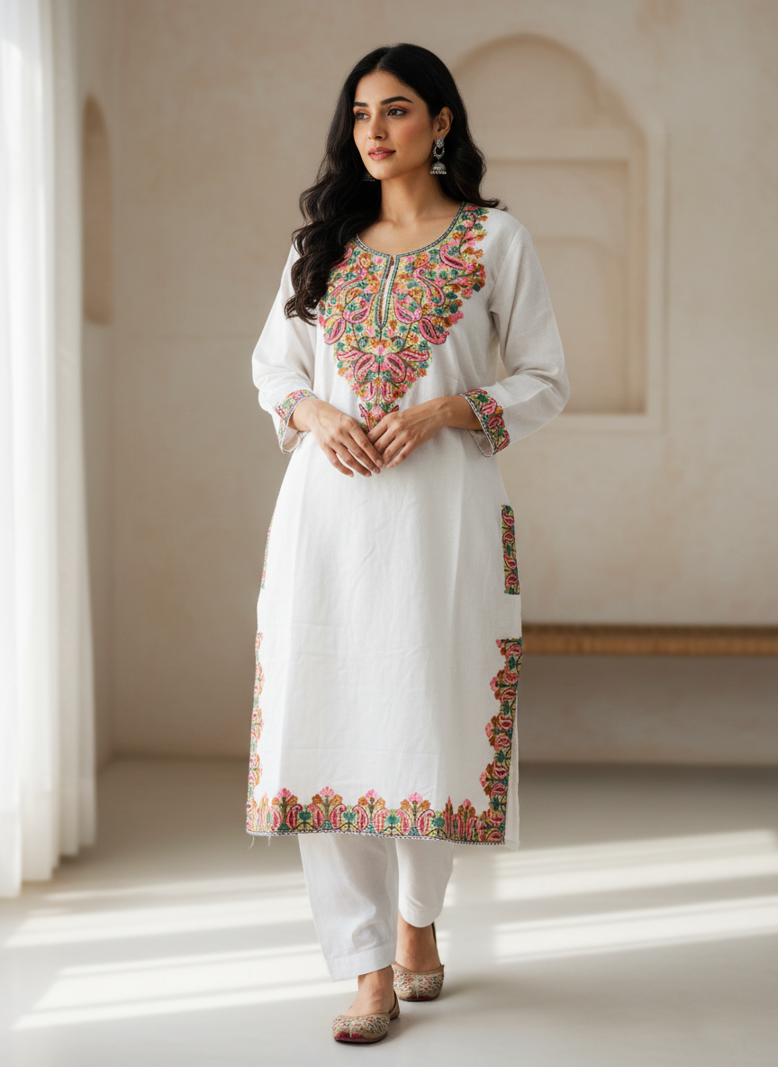 White Embroidered Kashmiri Pheran