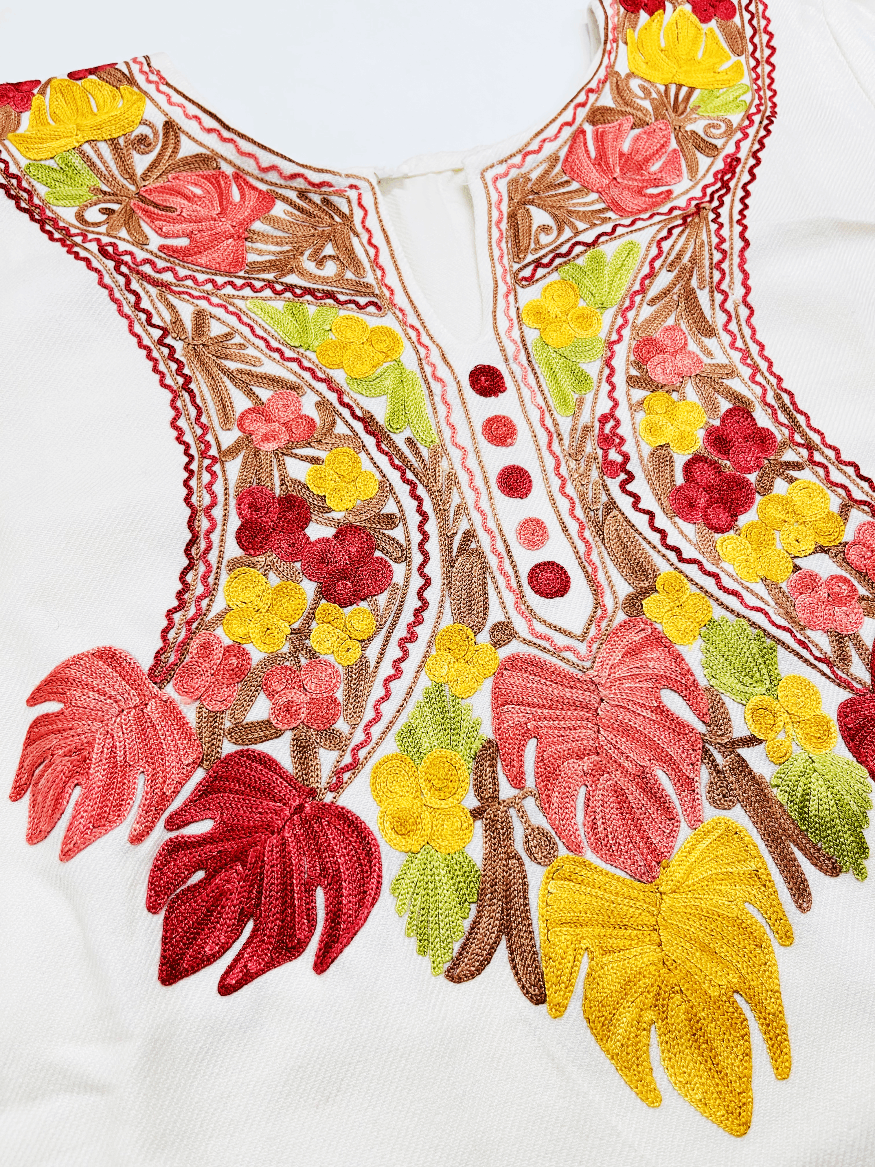 White & Multicolor Embroidered Kashmiri Pheran