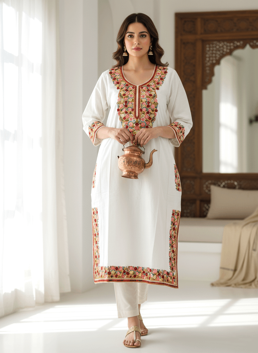 White & Multicolor Embroidered Kashmiri Pheran