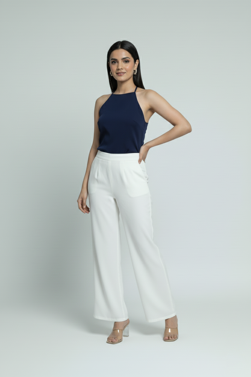 White Women Wide Leg Cotton Pant