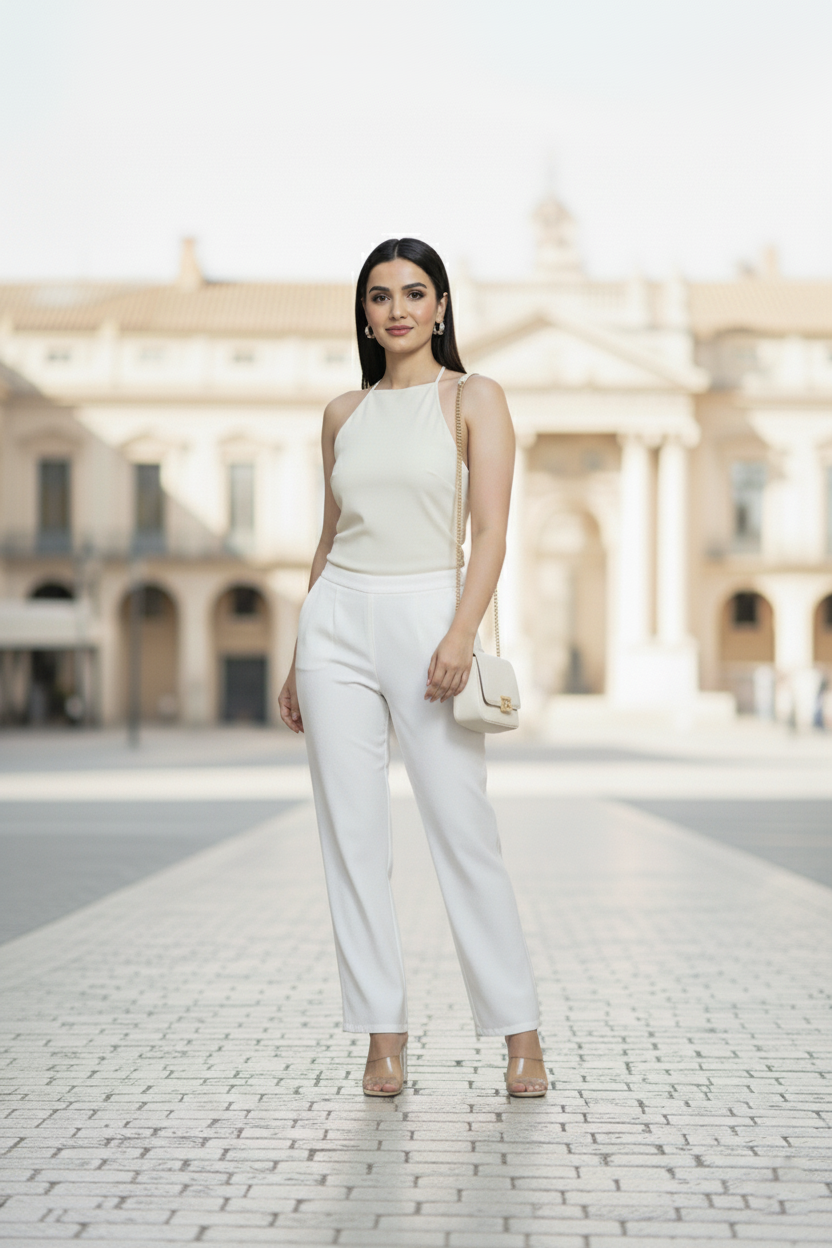White Women Wide Leg Cotton Pant
