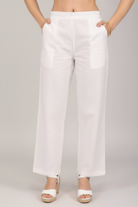 White Women Wide Leg Cotton Pant