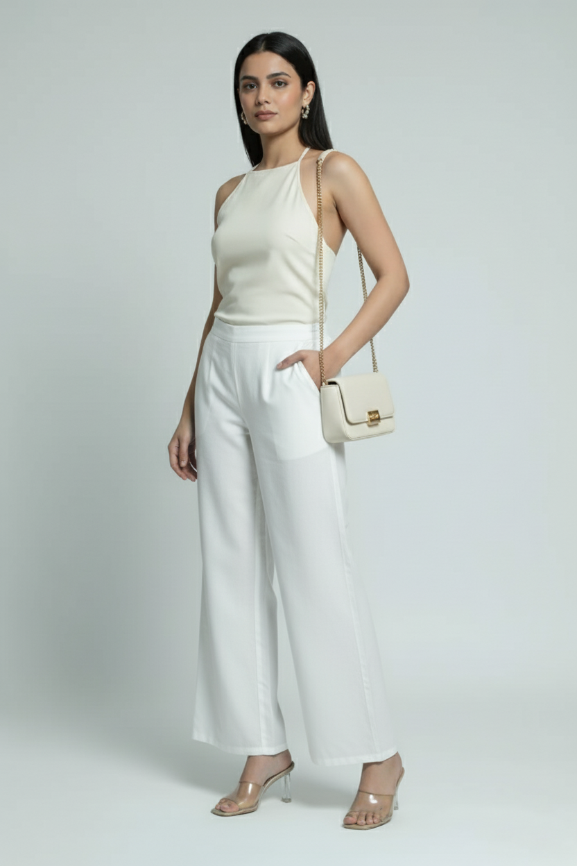 White Women Wide Leg Cotton Pant