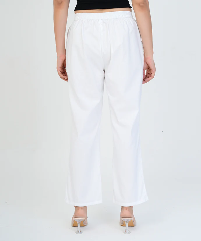 White Women Wide Leg Cotton Pant