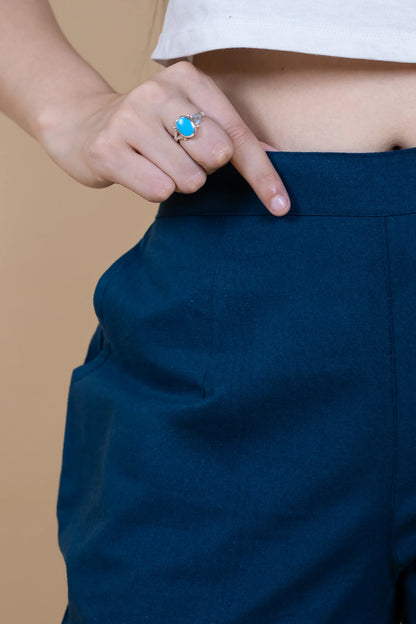 Blue Women Wide Leg Cotton Pant