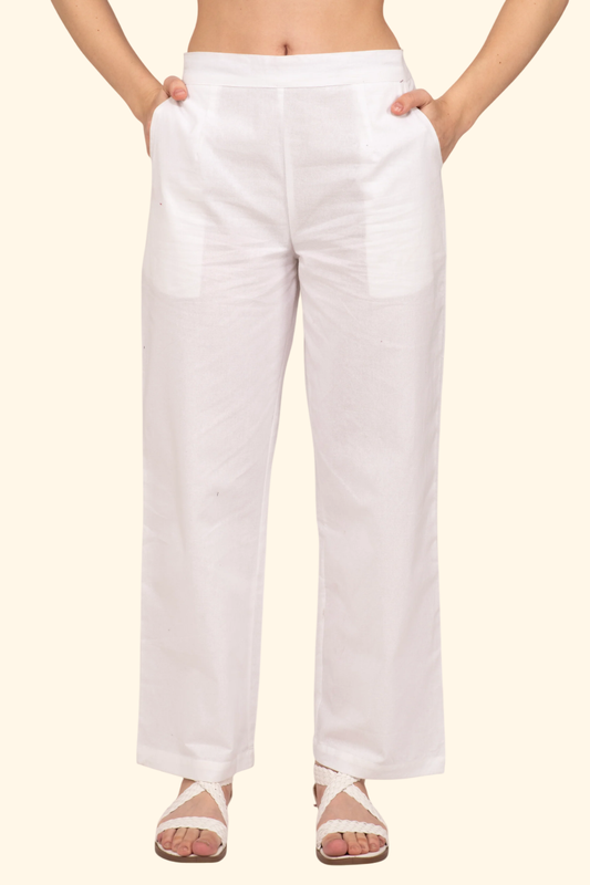 White Women Wide Leg Cotton Pant