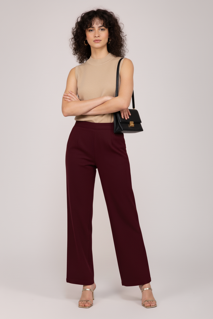 Wine Women Wide Leg Cotton Pant