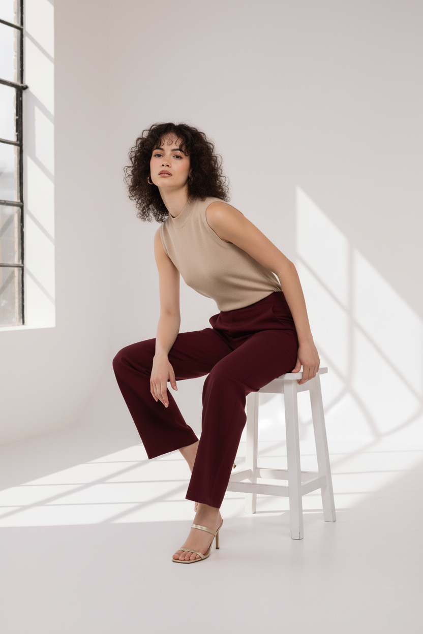 Wine Women Wide Leg Cotton Pant