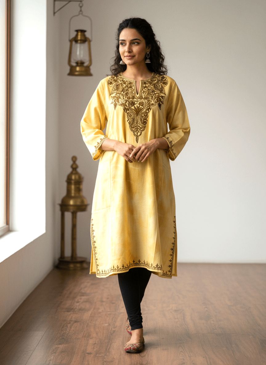 Yellow Floral Embroidered Kashmiri Pheran