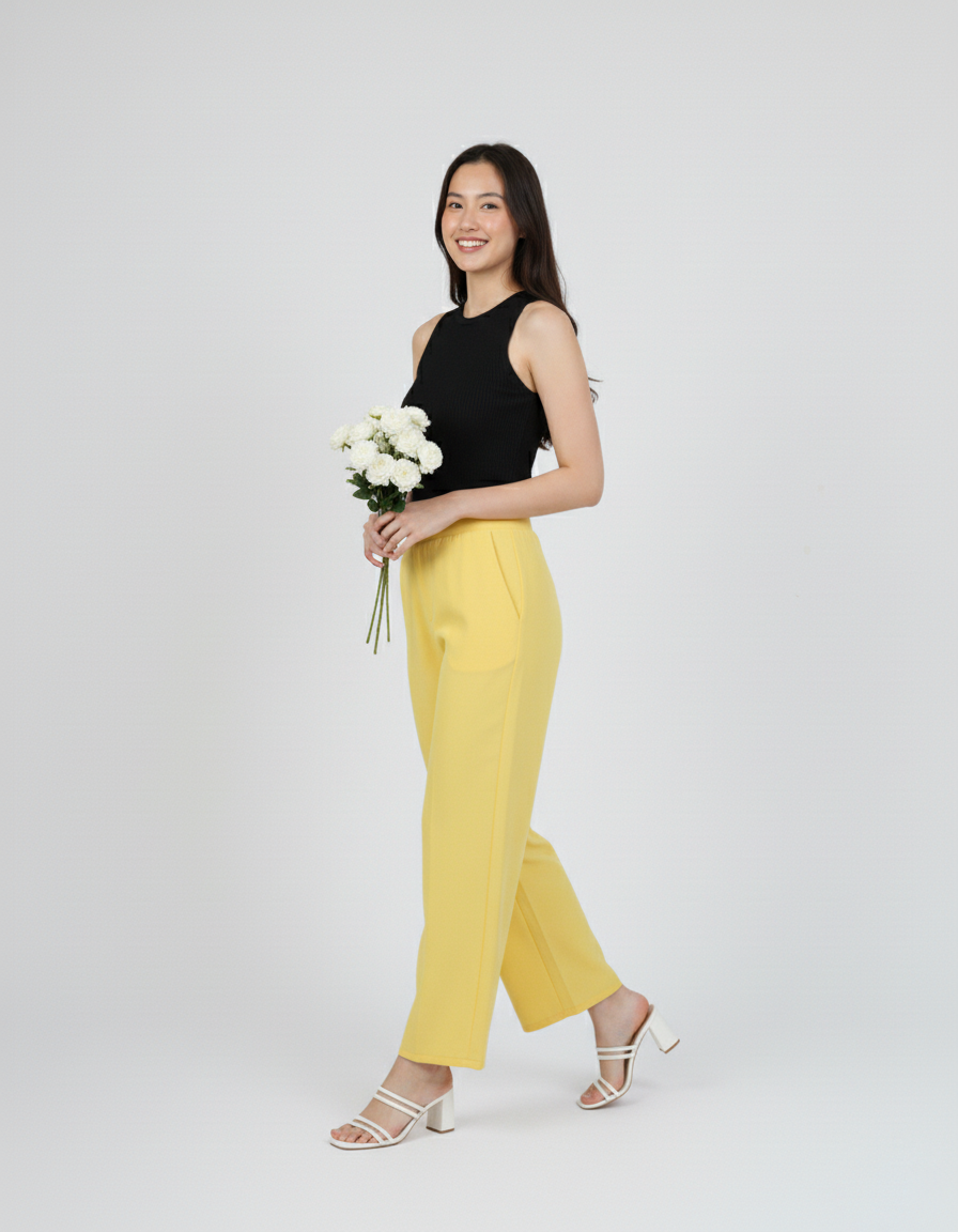 Yellow Women Wide Leg Cotton Pant