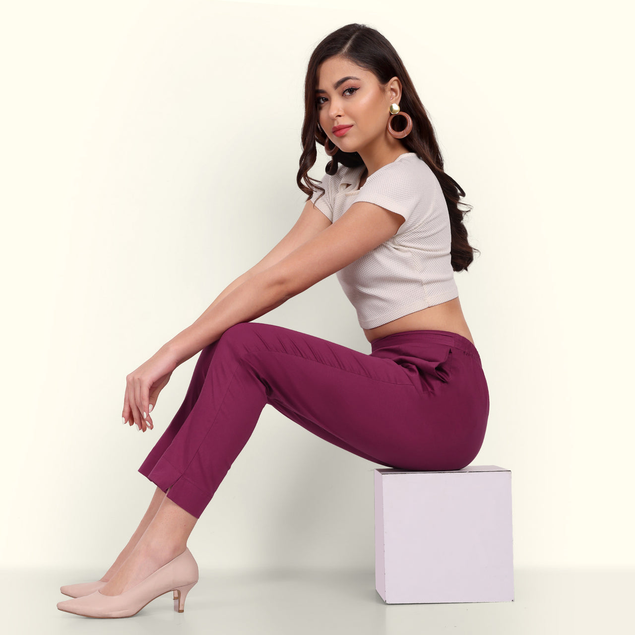Cotton Lycra Maroon Trouser For Women's.Ladies Casual Trouser,Track Pant,Girls  stylish Trouser Pant.Elastic Staright Pants, for Casual Office Work  wear.Slim Fit Formal Trousers/Pant.formal Trouser For Womens.Womens Trousers  Cotton Pant.Formal Tousers