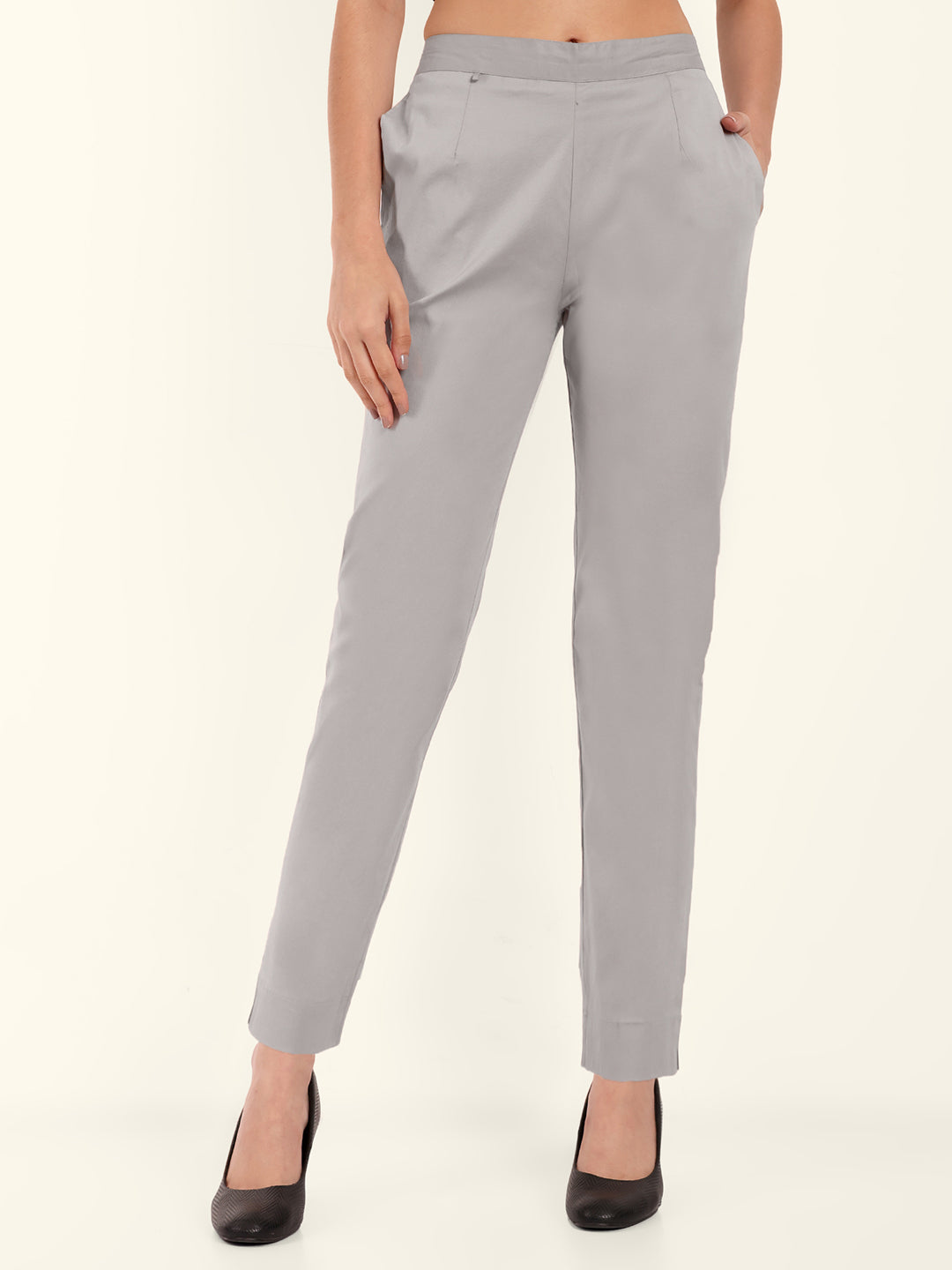 Get Light Grey Solid Straight Cotton Trouser | Jaipur Kurti