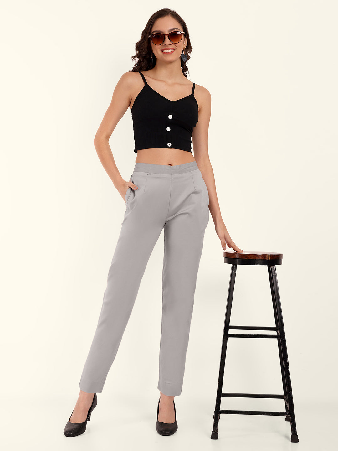 Women Light Grey Color Regular Fit PantsSPAIN09