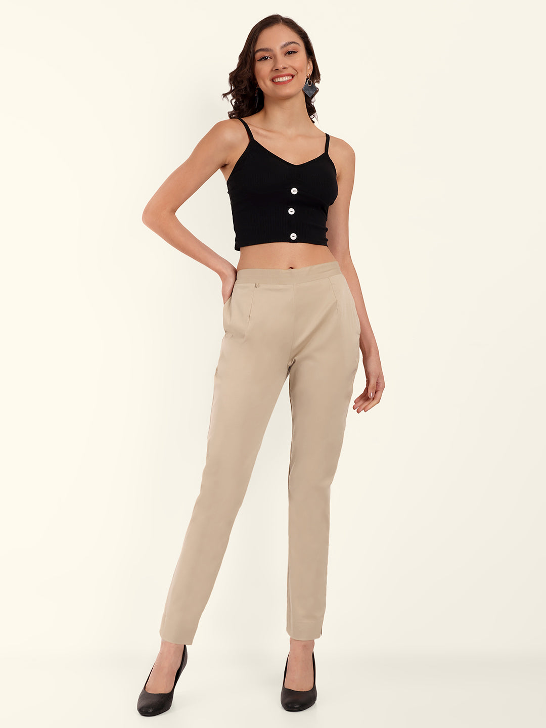 Naariy Beige Stretchable Cotton Pant