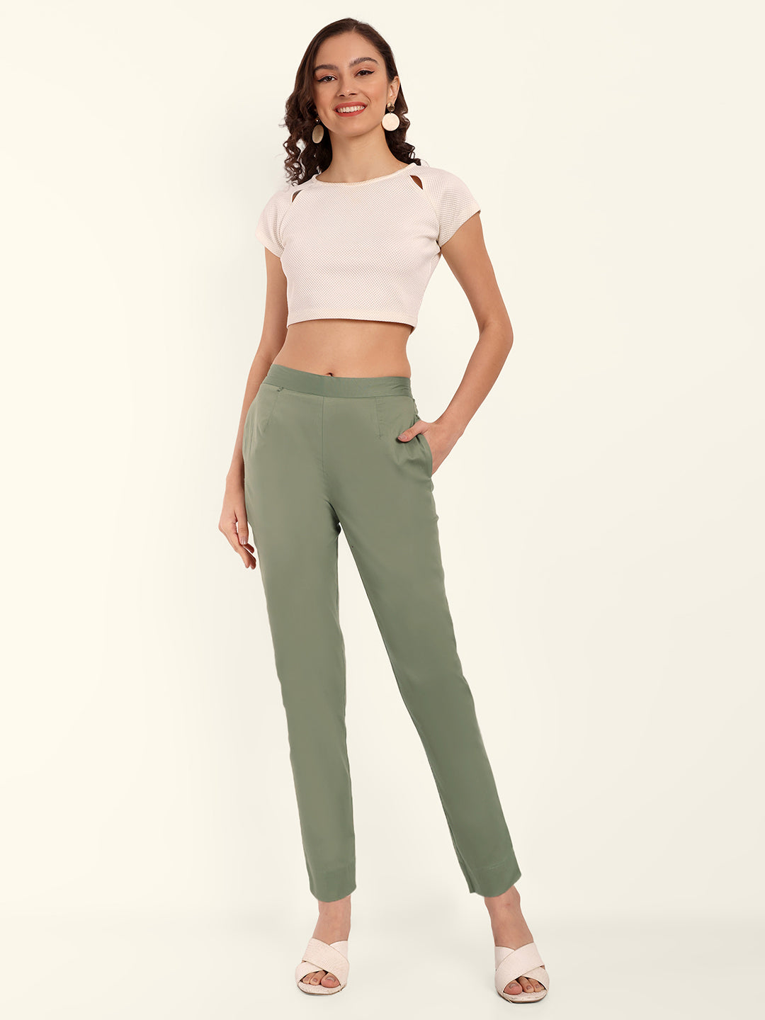 Plain Ladies Pista Green Cotton Pant Waist Size 2836