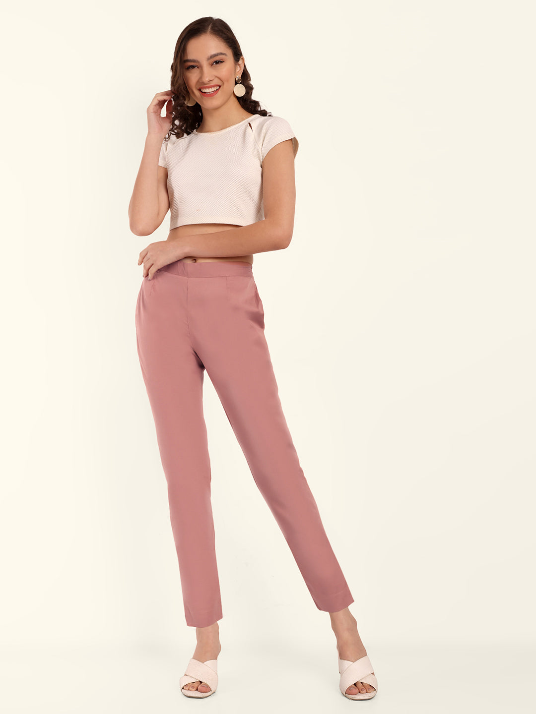 Women Solid Dusty Pink Stretch Ponte Pants
