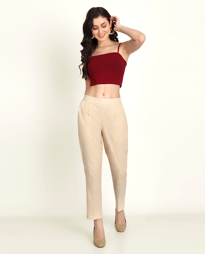 Beige Solid Women Regular Fit Cotton Trouser