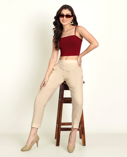 Beige Solid Women Regular Fit Cotton Trouser