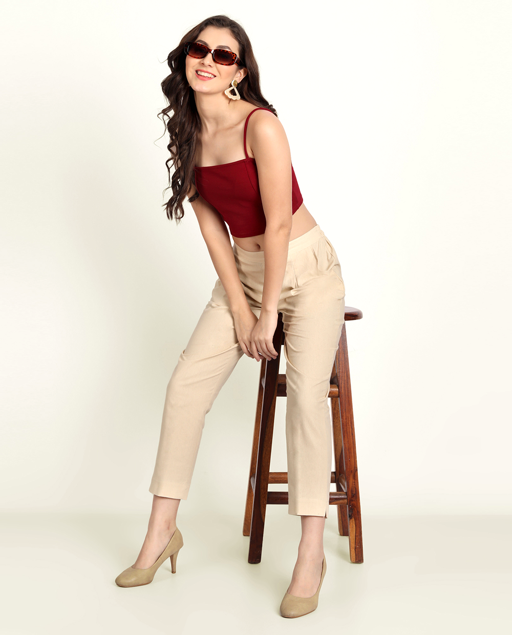 Beige Solid Women Regular Fit Cotton Trouser