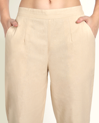 Thumbnail for Beige Solid Women Regular Fit Cotton Trouser