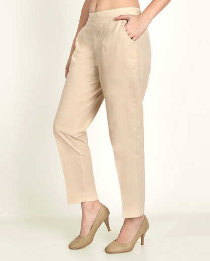 Beige Solid Women Regular Fit Cotton Trouser