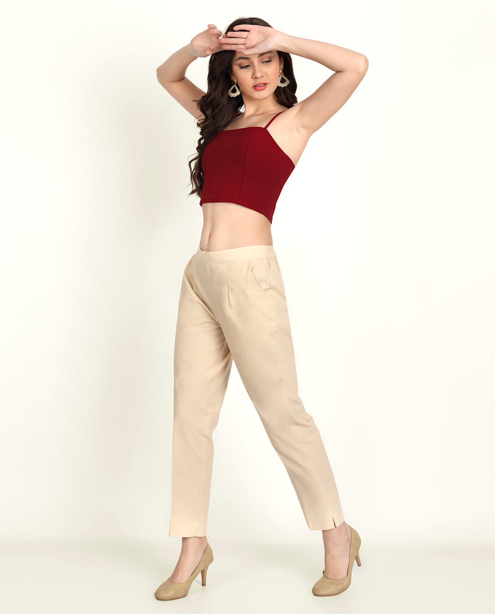 Beige Solid Women Regular Fit Cotton Trouser